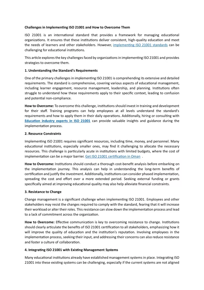 challenges in implementing iso 21001