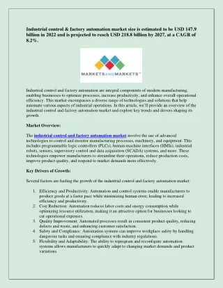 Industrial Control and Factory Automation Market USD 218.8 billion by 2027