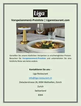 Vorspeisenmenü-Preisliste Ligarestaurant