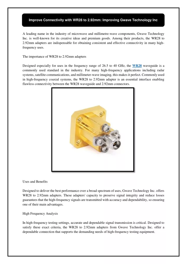 improve connectivity with wr28 to 2 92mm