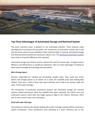 Top Three Advantages of Automated Storage and Retrieval System