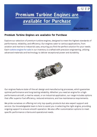 Premium Turbine Engines are available for Purchase