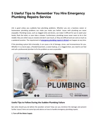 5 Usefull Tips to Remember You Hire Emergency Plumbing Repairs Service