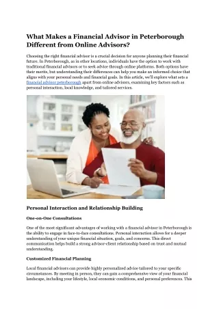 What Makes a Financial Advisor in Peterborough Different from Online Advisors