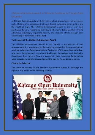 Lifetime Achievement Award A Tribute to Excellence by Chicago Open University