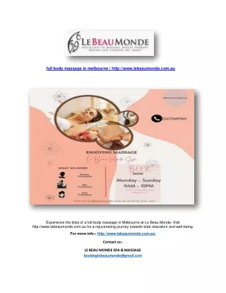 full body massage in melbourne | http://www.lebeaumonde.com.au