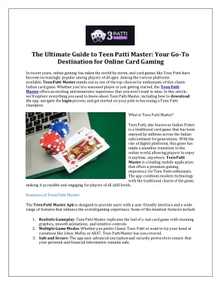 The Ultimate Guide to Teen Patti Master Your Go-To Destination for Online Card Gaming
