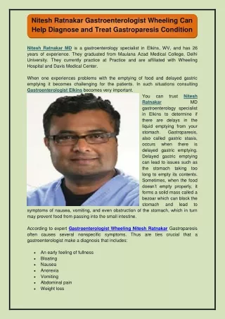 Nitesh Ratnakar Gastroenterologist Wheeling Can Help Diagnose and Treat Gastroparesis Condition