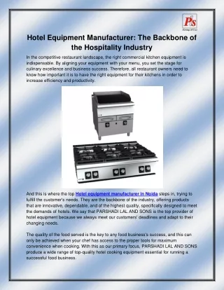 Hotel equipment manufacturer in Noida