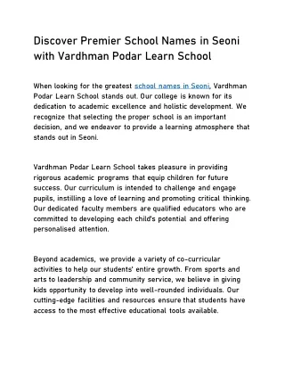 Discover Premier School Names in Seoni with Vardhman Podar Learn School