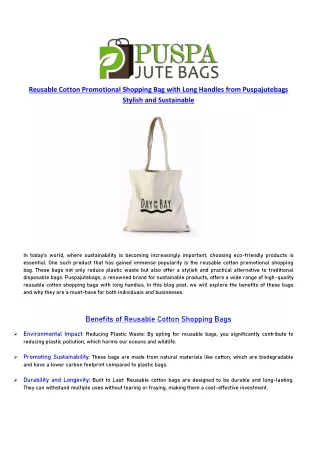 Reusable Cotton Promotional Shopping Bag with Long Handles