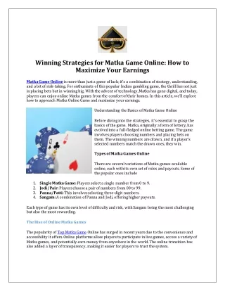 winning strategies for matka game online