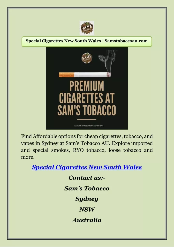 special cigarettes new south wales samstobaccoau