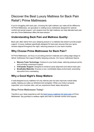 Best Luxury Mattress for Back Pain with Prime Mattresses