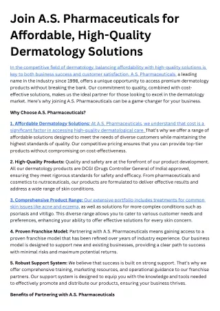 Join A.S. Pharmaceuticals for Affordable, High-Quality Dermatology Solutions