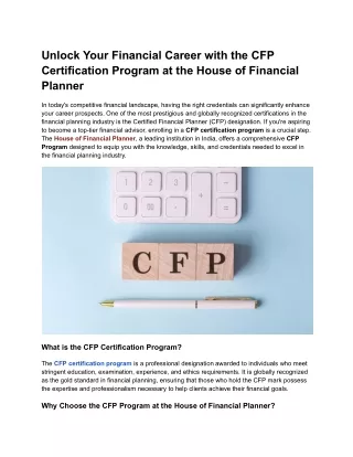 Unlock Your Financial Career with the CFP Certification Program at the House of Financial Planner