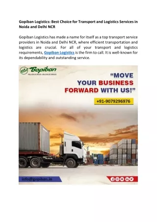 Gopiban Logistics- Best Choice for Transport and Logistics Services in Noida and Delhi NCR