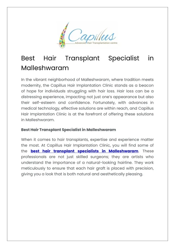 Best Hair Transplant Specialist in Malleshwaram