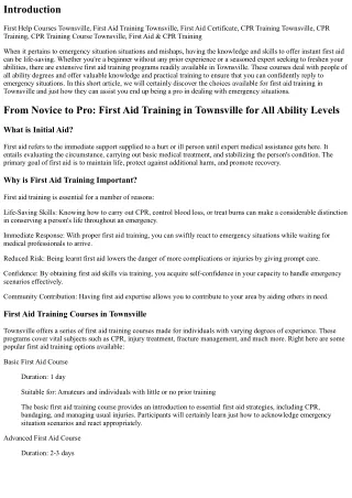 From Novice to Pro: First Aid Training in Townsville for All Ability Levels