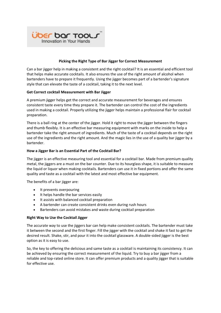 picking the right type of bar jigger for correct