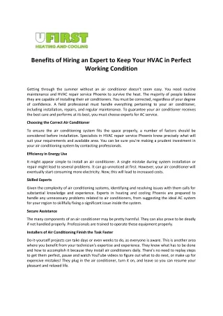 Benefits of Hiring an Expert to Keep Your HVAC in Perfect Working Condition
