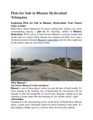 Plots for Sale in Bhanur Hyderabad Telangana