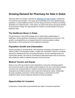 Growing Demand for Pharmacy for Sale in Dubai