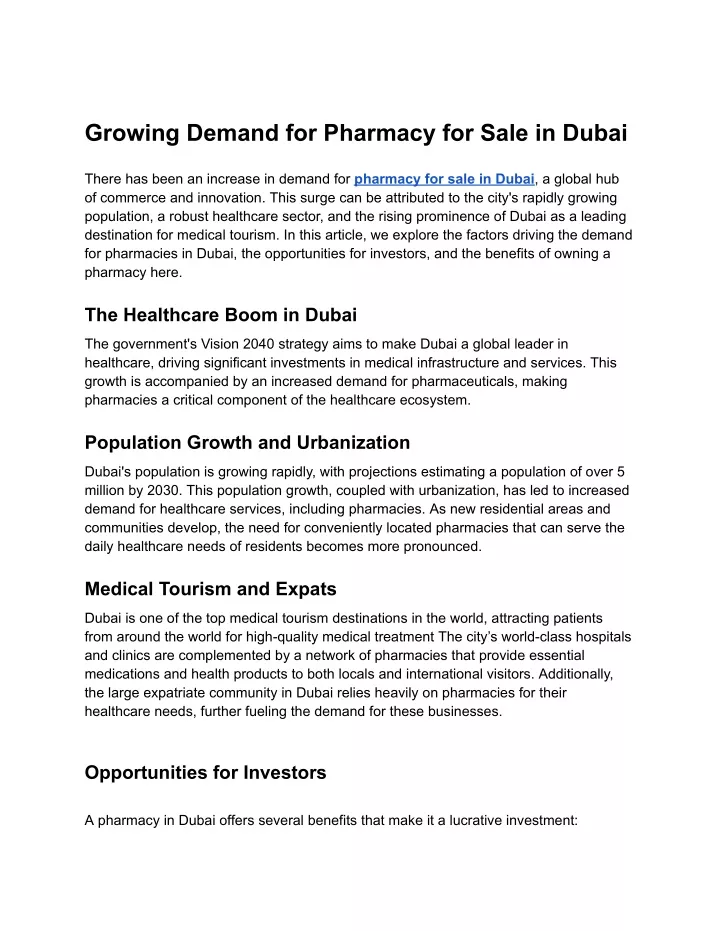 growing demand for pharmacy for sale in dubai