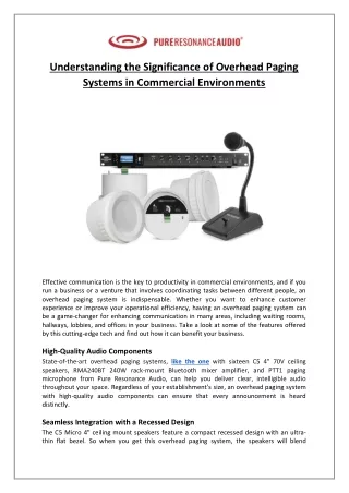 Pure Resonance Audio - Understanding the Significance of Overhead Paging Systems in Commercial Environments