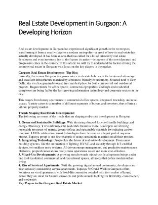 Real Estate Development in Gurgaon: A Developing Horizon