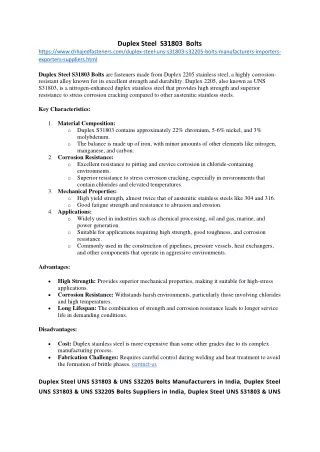 Duplex Steel  S31803  Bolts Stockists