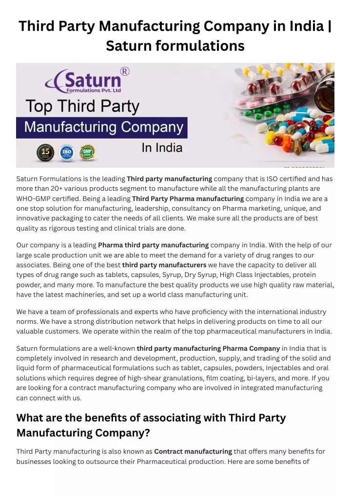 third party manufacturing company in india saturn