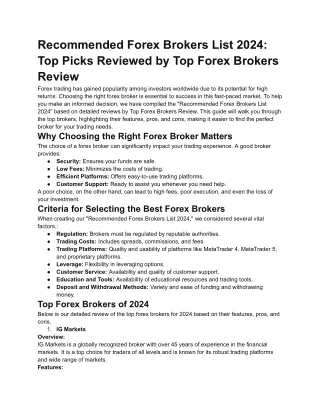 Recommended Forex Brokers List 2024