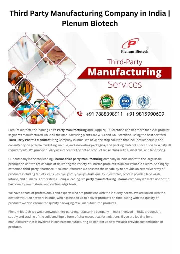 third party manufacturing company in india plenum