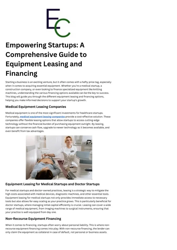 Equipment leasing for medical startups