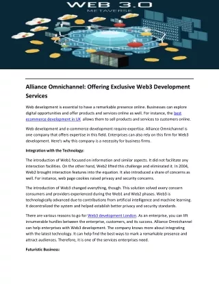 Alliance Omnichannel Offering Exclusive Web3 Development Services