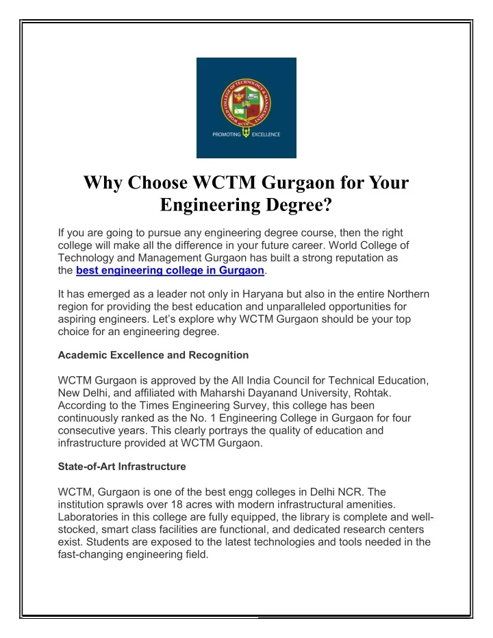 why choose wctm gurgaon for your engineering