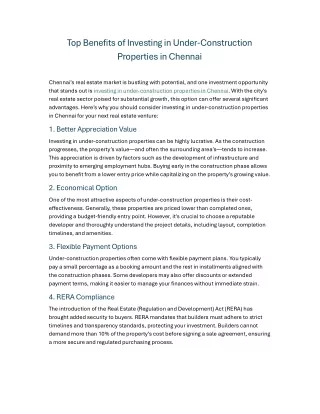 7. Top Benefits of Investing in Under-Construction Properties in Chennai