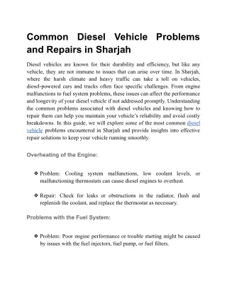Common Diesel Vehicle Problems and Repairs in Sharjah