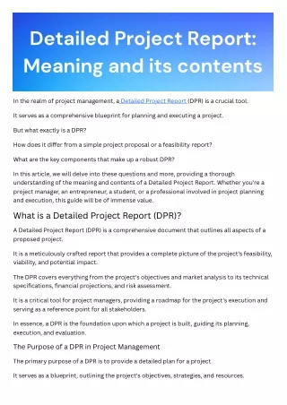 Detailed Project Report Meaning and its contents(DPR) A Comprehensive Guide