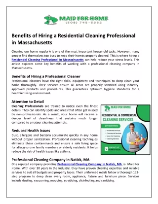 Benefits of Hiring a Residential Cleaning Professional in Massachusetts