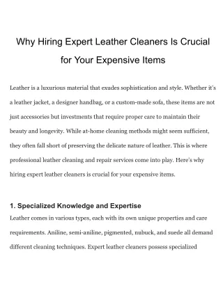 Why Hiring Expert Leather Cleaners Is Crucial for Your Expensive Items