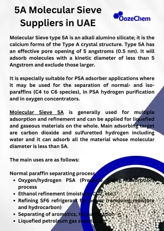 5A Molecular Sieve Suppliers in UAE
