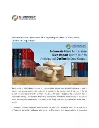 Indonesia Plans to Increase Rice Import Quota Due to Anticipated Decline in Crop Output