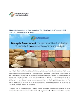 Malaysia Government Contracts For The Distribution Of Imported Rice Are Set To Commence In April