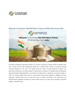 Malaysia to Purchase 500,000 Metric Tonnes of White Rice from India