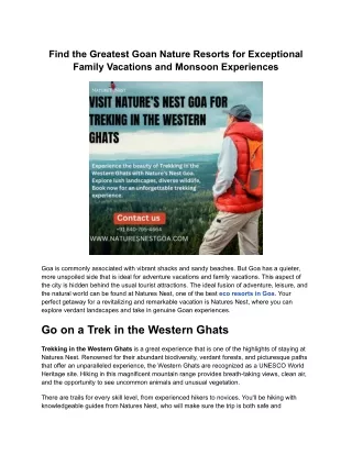 Find the Greatest Goan Nature Resorts for Exceptional Family Vacations and Monsoon Experiences