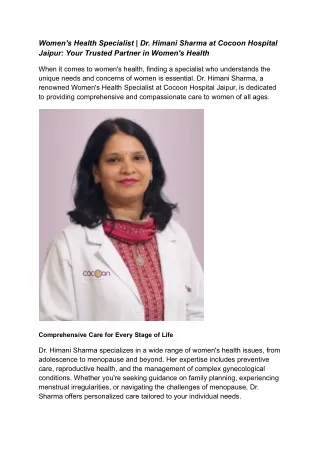 Women's Health Specialist | Dr. Himani Sharma at Cocoon Hospital Jaipur: Your Tr