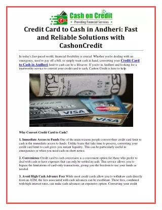 Convert Credit Card to Cash in Andheri - Quick and Secure Services