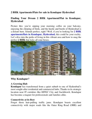 2 BHK Apartments for sale in Kondapur Hyderabad